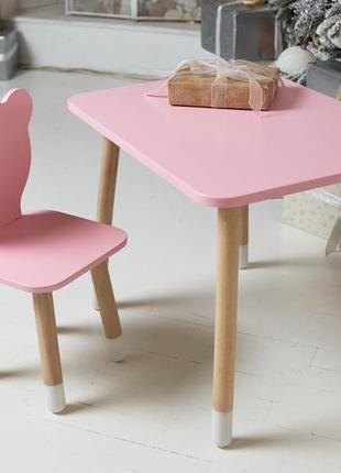 Рожевий прямокутний столик і стільчик дитячий ведмежа. рожевий дитячий столик7 фото