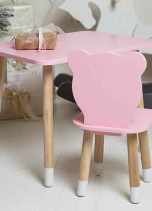 Рожевий прямокутний столик і стільчик дитячий ведмежа. рожевий дитячий столик9 фото