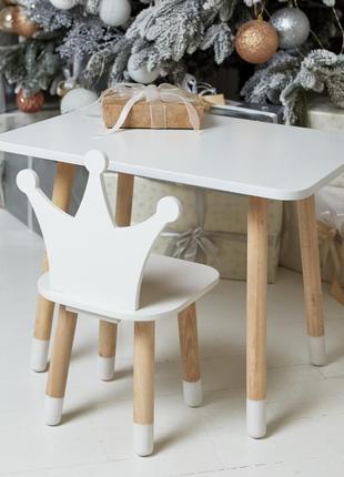 Дитячий білий прямокутний стіл і стільчик біла корона. столик для ігор, уроків, їжі. білий столик1 фото