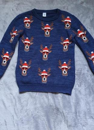 Шикарный хлопковый новогодний свитер с оленями на 6лет, рост 116см