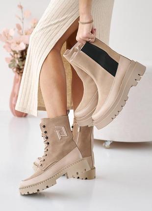 Стильные качественные бежевые женские высокие ботинки зимние замшевые/замша-женская обувь на зиму7 фото
