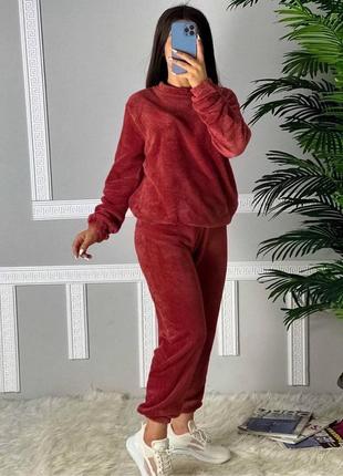 Теплая махровая пижама из двусторонней махры костюм кофта свободного кроя брюки джоггеры с высокой посадкой на резинке6 фото