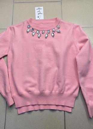 Женский розовый свитер с камушками размер xs-s