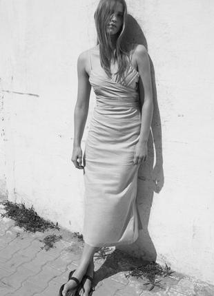 Сукня сарафан плаття міді льон бежеве виріз відкрита спина з розрізом zara s 8372/080