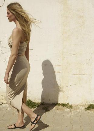 Сукня сарафан плаття міді льон бежеве виріз відкрита спина з розрізом zara s 8372/080