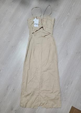 Сукня сарафан плаття міді льон бежеве виріз відкрита спина з розрізом zara s 8372/080