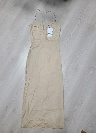 Платье сарафан миди лен бежевый вырез открытая спина с разрезом zara s 8372/0806 фото