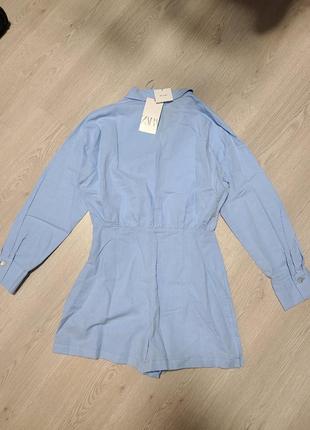 Платье сарафан рубашка комбинезон лен голубой zara s m 8372/0688 фото