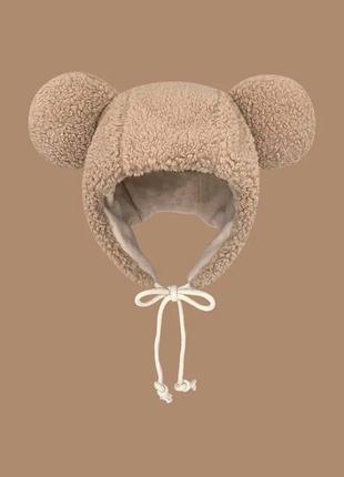 Шапка-ушанка медведь с ушками (панда, мишка, седди, капюшон) с завязками бежевый, унисекс
