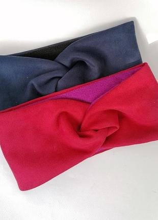 Пов'язка екозамш на флісі червоний модна з вузликом. чалма екозамша кашемір із флісом. кольори різні.
