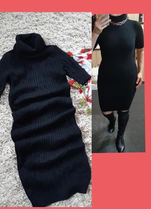 Базова  тепла чорна в'язана сукня  гольф міді в рубчик/в косичку, р. xs-l1 фото