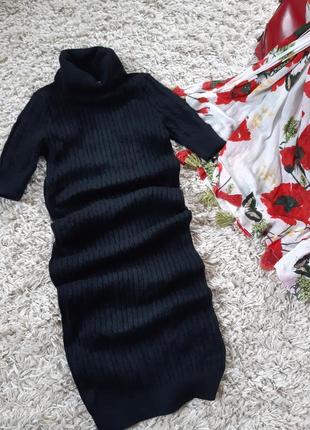 Базова  тепла чорна в'язана сукня  гольф міді в рубчик/в косичку, р. xs-l8 фото