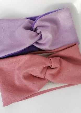 Пов'язка бузковий, світло фіолетовий еко-замш на флісі модна з вузликом. чалма еко замш кашемір з флісом.