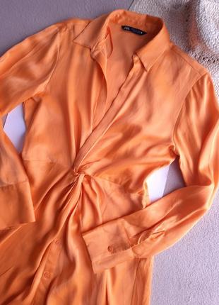 Ораджевое сатиновое платье- рубашка под шифон zara3 фото