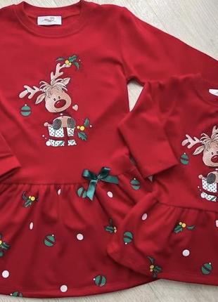 Сукня новорічна трикотажна тепла на байці з оленями плаття червоне для дівчинки