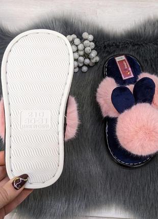 Тапочки детские зайчики с меховым помпоном и ушками синие с розовым 51943 фото