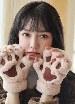 Милые теплые плюшевые перчатки митенки кошачьи лапки с открытыми пальцами как zara кавай корейский стиль лолита аниме1 фото