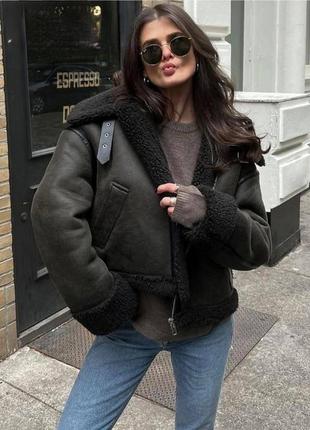 Укороченая дубленка zara  куртка авиатор хаки, косуха,пуховик, пуффер, пуховик