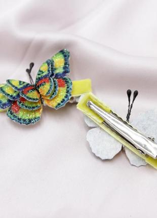 Шпильки метелики різнокольорові пара, заколка для волосся ручної роботи, шпилька-крокодил8 фото