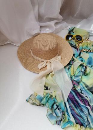 Літній плетений капелюх з прикрасою ланцюжок і бант4 фото
