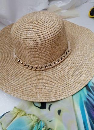 Літній плетений капелюх з прикрасою ланцюжок і бант2 фото