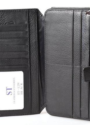 Мужской кожаный кошелек клатч c визитницей st 228 черный натуральная кожа9 фото