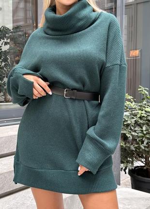 Женский зеленый теплый свитер-туника оверсайз, изумруд, m, l2 фото
