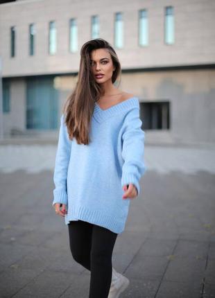 Вязаное платье туника удлиненный свитер пуловер джемпер с v вырезом розовое голубое...