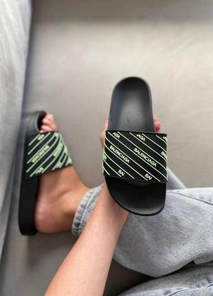 Женские шлепанцы  balenciaga slides small neon logo black баленсиага