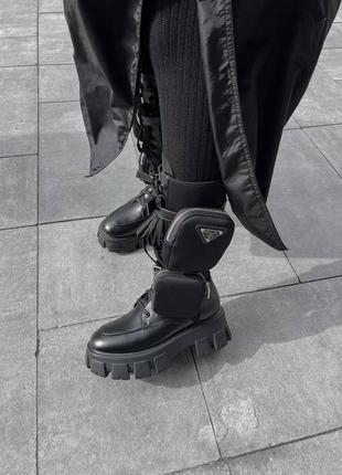 Черевики жіночі в стилі prada boots zip pocket black high premium чорні (прада бутс зип-покет)6 фото