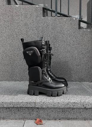 Ботинки женские в стиле prada boots zip pocket black high premium черные (прада бутс зип покет)1 фото