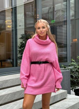 Женский теплый розовый свитер-туника оверсайз трикотаж, вязка m, l2 фото