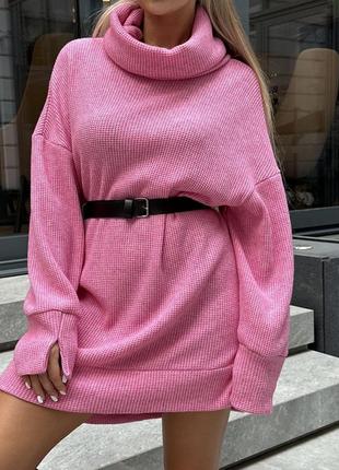 Женский теплый розовый свитер-туника оверсайз трикотаж, вязка m, l4 фото