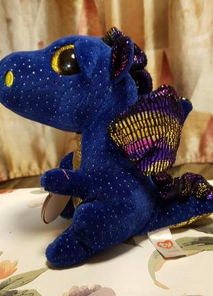 Ty beanie boos дракон синий saffire, динозавр бархатный оригинал 15 см
