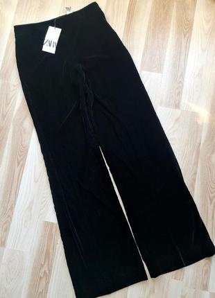 Широкие брюки бархатные zara расклешенные штаны с высокой посадкой черные брюки вечерние брюки палаццо6 фото