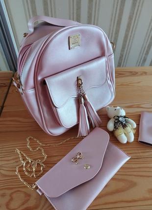 Комплект 4в1 рюкзак, кошелек, визитница и брелок розовый2 фото