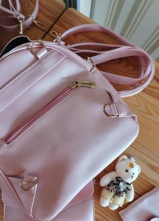 Комплект 4в1 рюкзак, кошелек, визитница и брелок розовый3 фото
