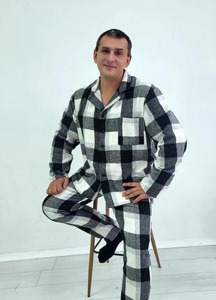 Піжама чоловіча тепла байкова в клітинку домашній костюм кофта і штани