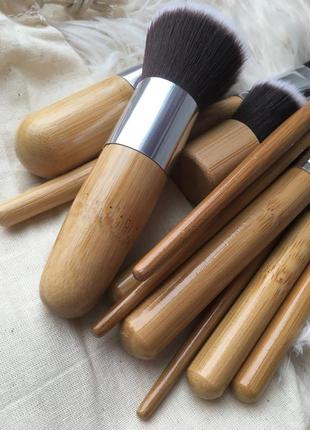 Бамбуковые кисти для макияжа деревянные натуральные в чехле мешке набор кистей пышная для пудры тонального крема теней бровей румян консилера6 фото