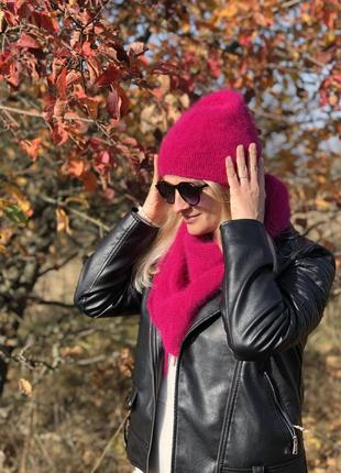 Шапка біні фуксія ангора пух норки