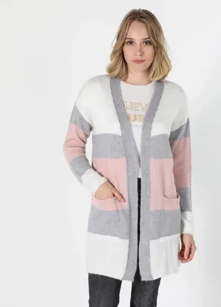Белый серый розовый длинный кардиган оверсайз кофта вязаная в полоску с карманами свитер без застеж