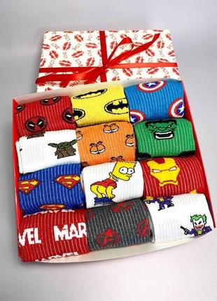 Набор мужских длинных демисезонных носков 40-45 12 пар с супергероями marvel на подарок для мужчин ms6 фото
