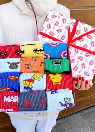 Набор мужских длинных демисезонных носков 40-45 12 пар с супергероями marvel на подарок для мужчин ms