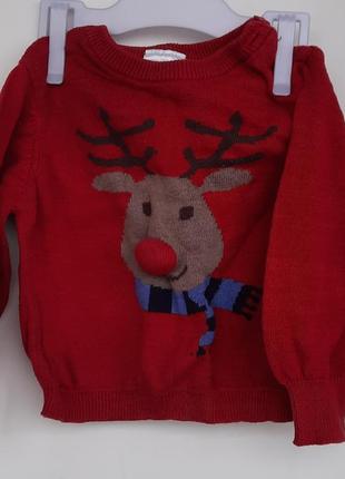 Червоний бавовняний різдвяний новорічний светрик з оленем 6-9 міс 68 см