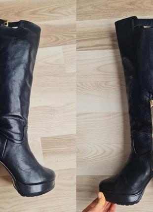 H&m кожаные сапоги высокие женские сапоги черные из натуральной кожи сапоги на высоком каблуке блочном на платформе сапоги до колена ботфорты3 фото