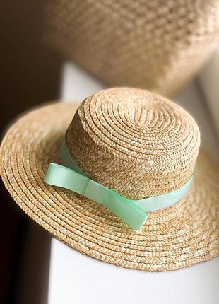 Солом'яний капелюх канотьє з м'ятною стрічкою