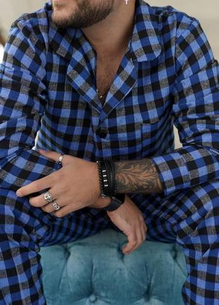 Піжама чоловіча в клітинку фланелева nelle синя | чоловічий домашній комплект сорочка штани2 фото