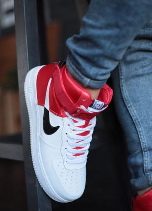 Nike air force high nba мужские шикарные высокие кроссовки найк эир форс белые с красным9 фото