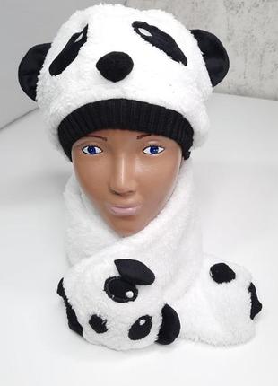 Теплая шапочка с ушками и шарфик, шапочка на флисе травка и шарф, шапочка панда, зимняя шапка2 фото