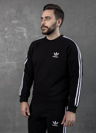 Кофта мужская зимняя adidas originals теплая на флисе с лампасами черная | толстовка адидас свитшот зима